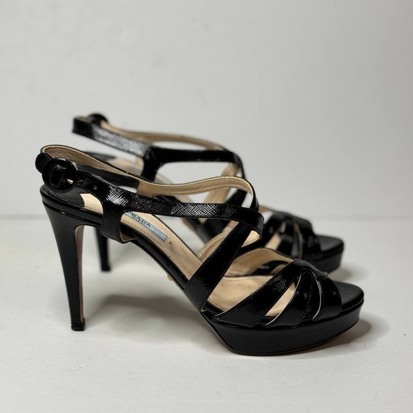 Prada Strappy Open Toe Ankle Buckle Strap Black Platform Heel Size 37.5 - Picture 3 of 12